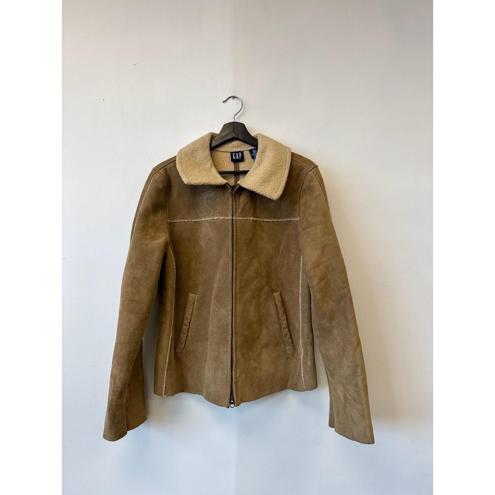 GAP Jacket Womens Large Tan Suede Genuine‎ Leather Sherpa Lined Zip Aviator Warm